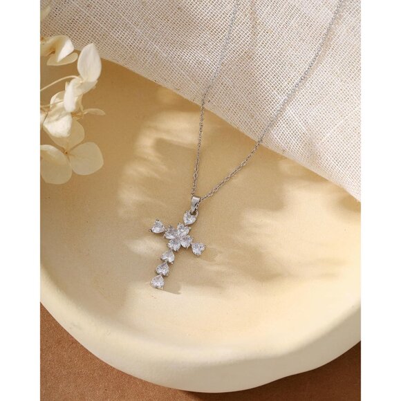 14K Gold Plated Cross Necklace with Cubic Zirconia - Elegant Christian Jewelry - Picture 4 of 6